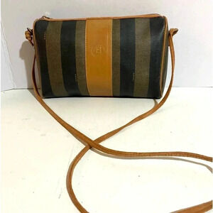 Fendi vintage black brown striped canvas crossbody handbag